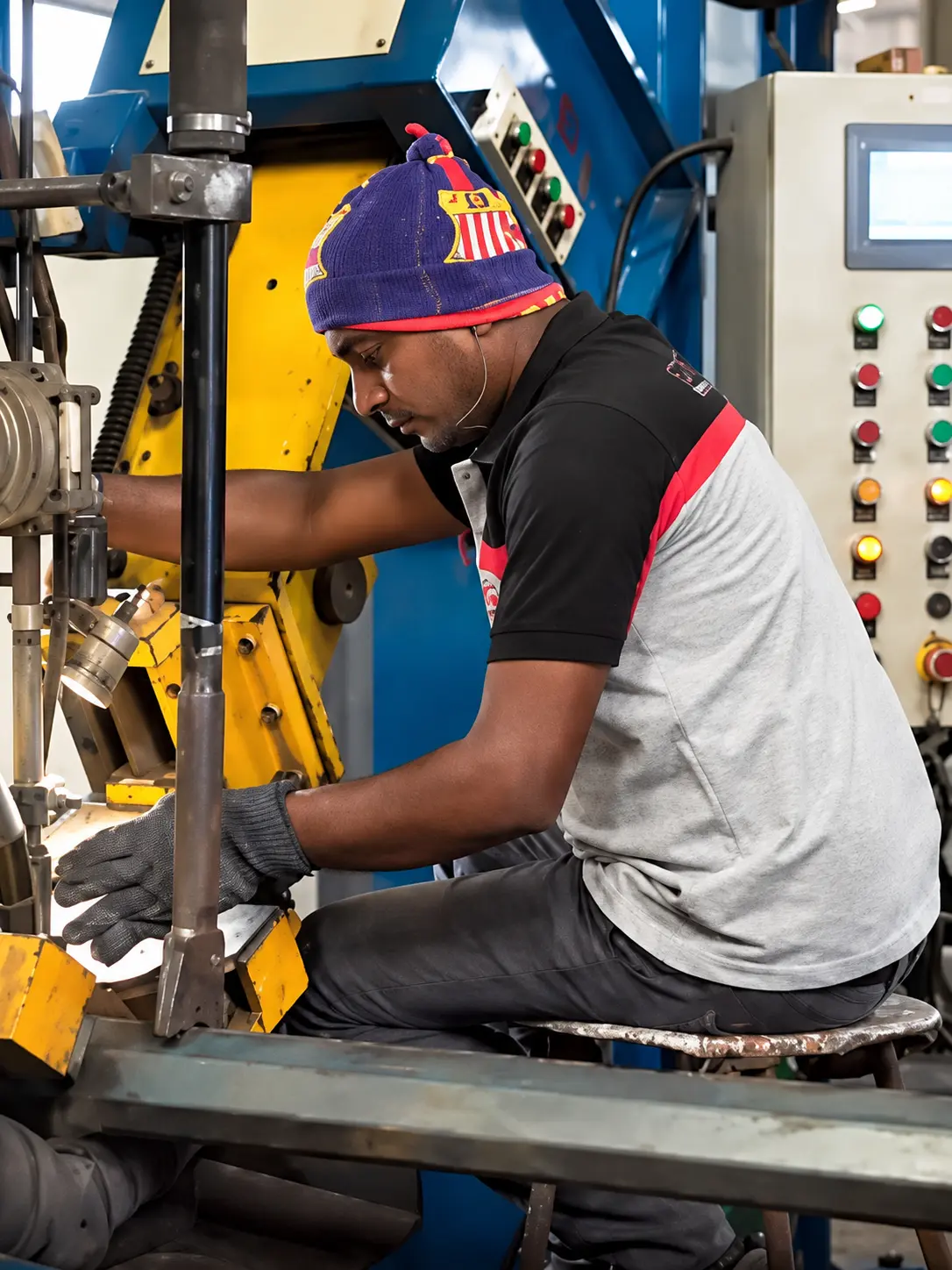Operator welding a steel tubular pole on the welding machine at Subham Poles factory, Kolkata